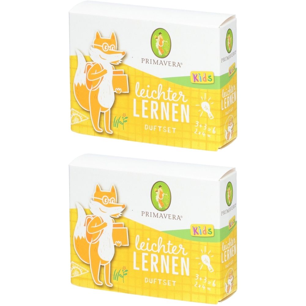 Zwei weiße Kartons mit gelben Akzenten. Aufdruck: Fuchs, PRIMAVERA, leichter Lernen Duftset. Aufschrift: Kids. Grün-gelbe Verpackung.