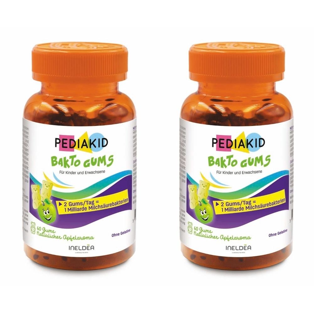 Zwei Flaschen PEDIAKID Bakto Gums. Orangefarbene Deckel, transparente Behälter. Aufschrift: 2 Gums/Tag = 1 Milliarde Milchsäurebakterien.