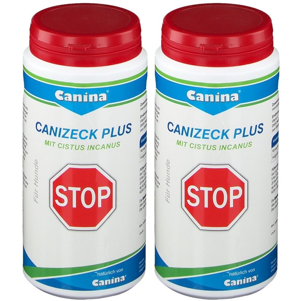Zwei weiße Dosen mit rotem Deckel. Aufschrift: Canina, CANIZECK PLUS, STOP. Blaue und grüne Elemente. Für Hunde.