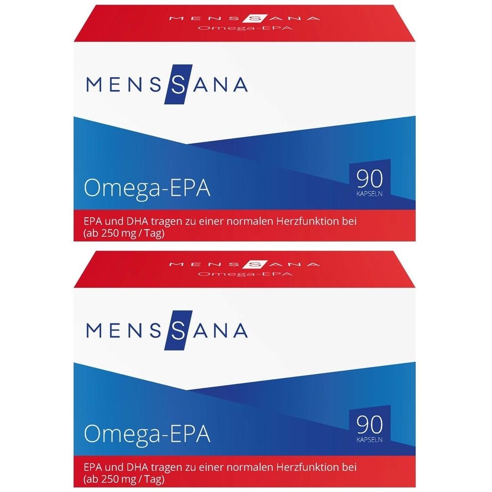 Zwei Schachteln mit Omega-EPA-Kapseln. Aufschrift: MENS SANA, Omega-EPA, 90 Kapseln. Text: EPA und DHA tragen zu einer normalen Herzfunktion bei.