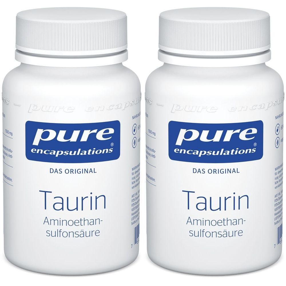 Zwei weiße Flaschen mit Etiketten. Aufschrift: pure encapsulations, Taurin, Aminoethansulfonsäure. Deckel weiß.