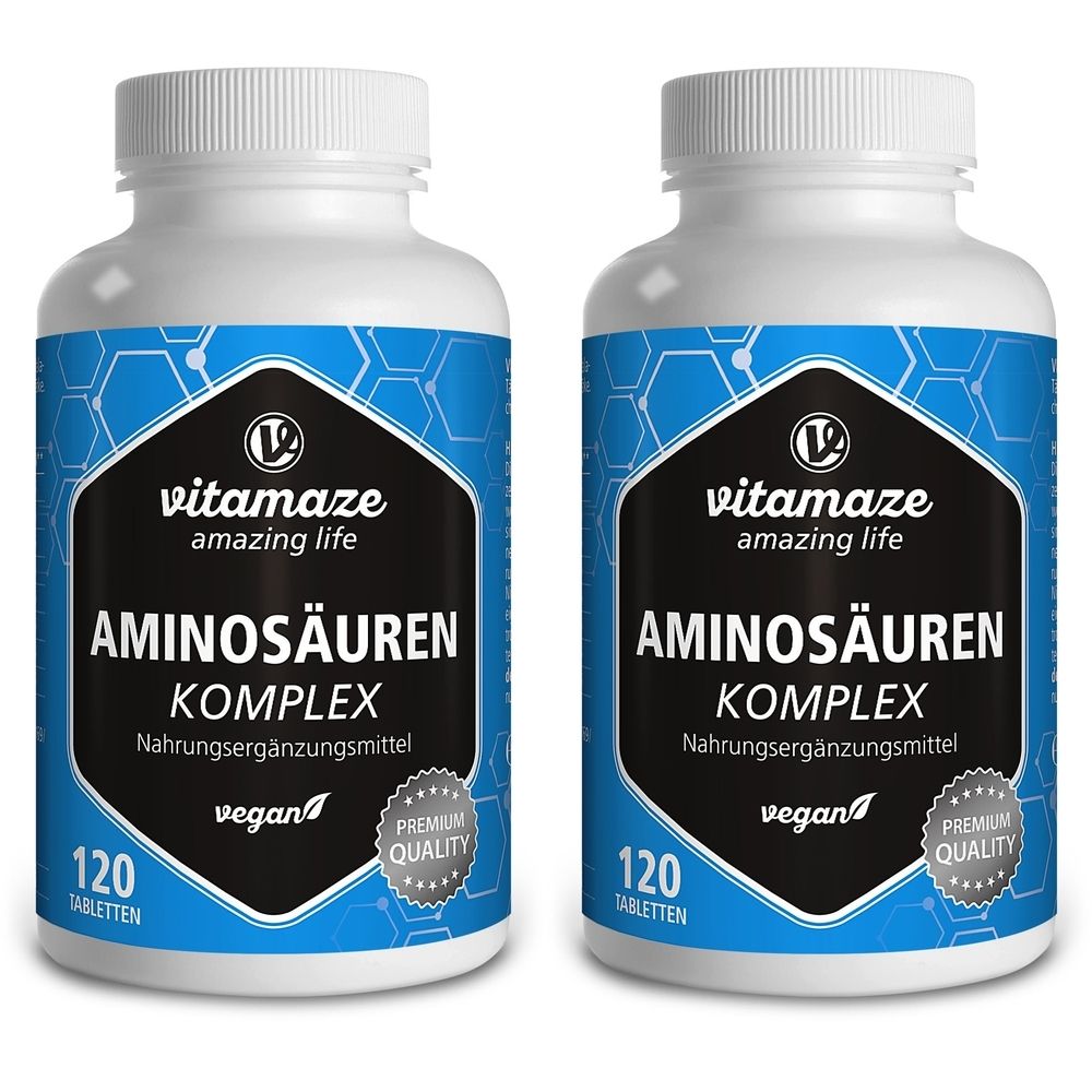 Zwei weiße Flaschen mit blauen Etiketten. Aufschrift: Aminosäuren Komplex, 120 Tabletten, vegan. Marke: Vitamaze.