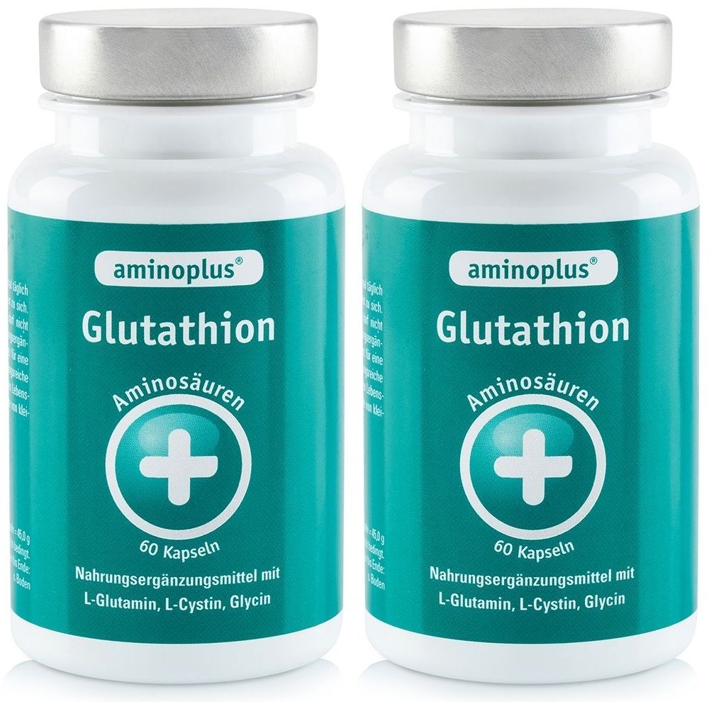 Zwei Flaschen aminoplus® Glutathion. Weiße Flaschen mit silbernen Deckeln und grünen Etiketten. Aufschrift: Glutathion, Aminosäuren, 60 Kapseln.
