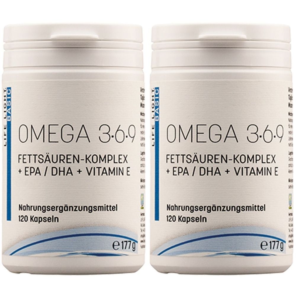 Zwei weiße Flaschen mit Omega 3-6-9. Aufschrift: Fettsäuren-Komplex + EPA/DHA + Vitamin E. Nahrungsergänzungsmittel, 120 Kapseln.