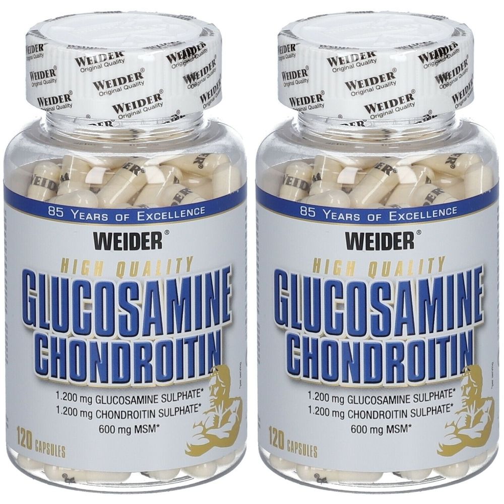 Zwei Flaschen mit Kapseln. Aufschrift: Weider Glucosamin Chondroitin. Enthält 120 Kapseln. Mit den Inhaltsstoffen Glucosamin und Chondroitin.