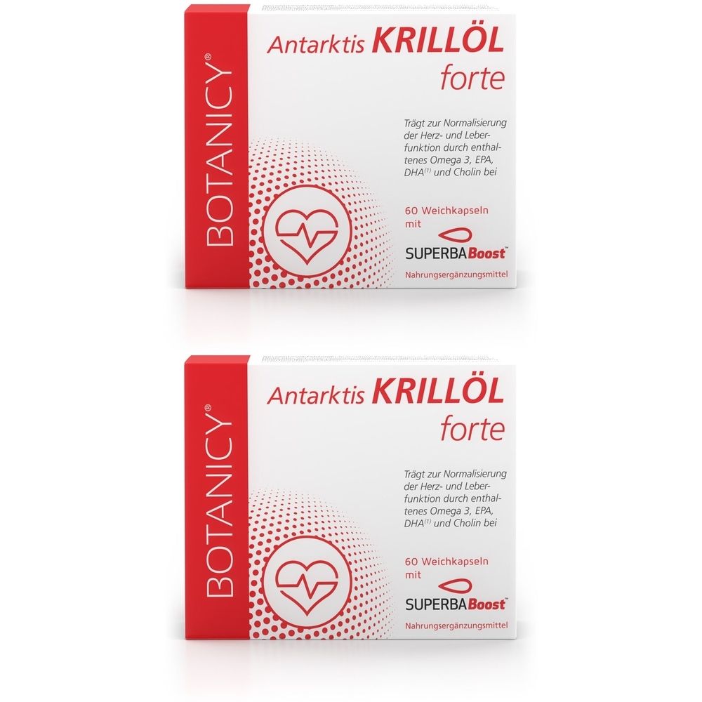 Zwei Schachteln BOTANICY Antarktis Krillöl forte. Weiße Verpackung mit rotem Akzent. Text und Herzsymbol.