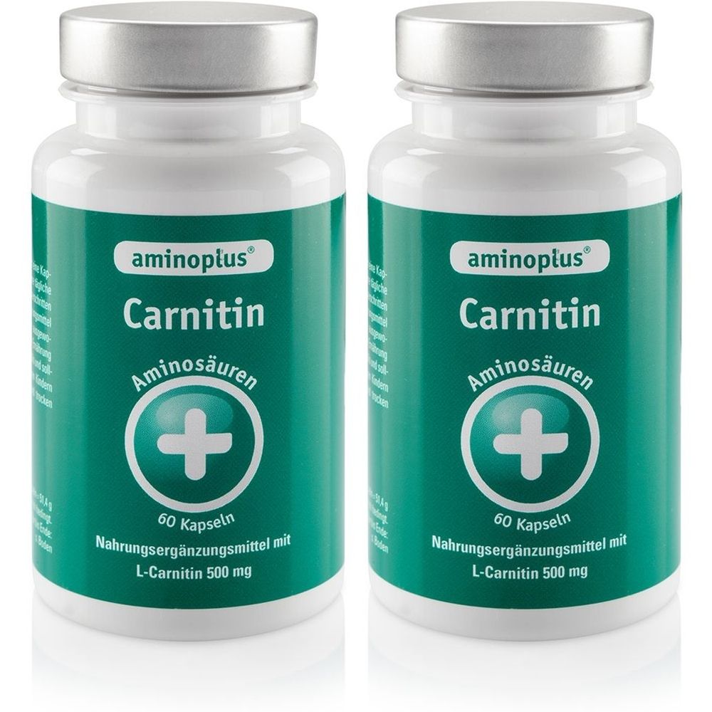 Zwei weiße Flaschen mit grünem Etikett. Aufschrift: aminoplus Carnitin, Aminosäuren, 60 Kapseln, Nahrungsergänzungsmittel mit L-Carnitin 500 mg.