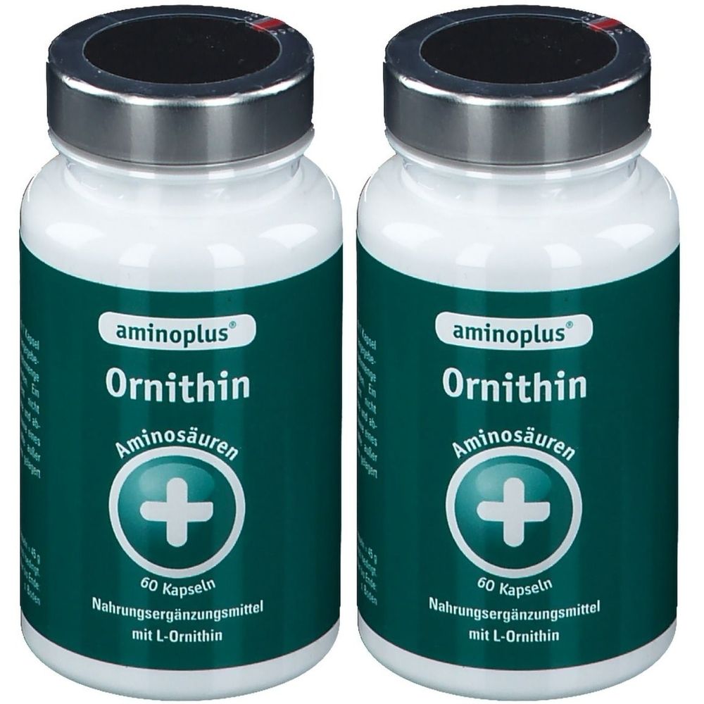 Zwei Flaschen aminoplus® Ornithin. Weiße Flaschen mit grünem Etikett und silbernem Deckel. Aufschrift: Ornithin, Aminosäuren, 60 Kapseln.