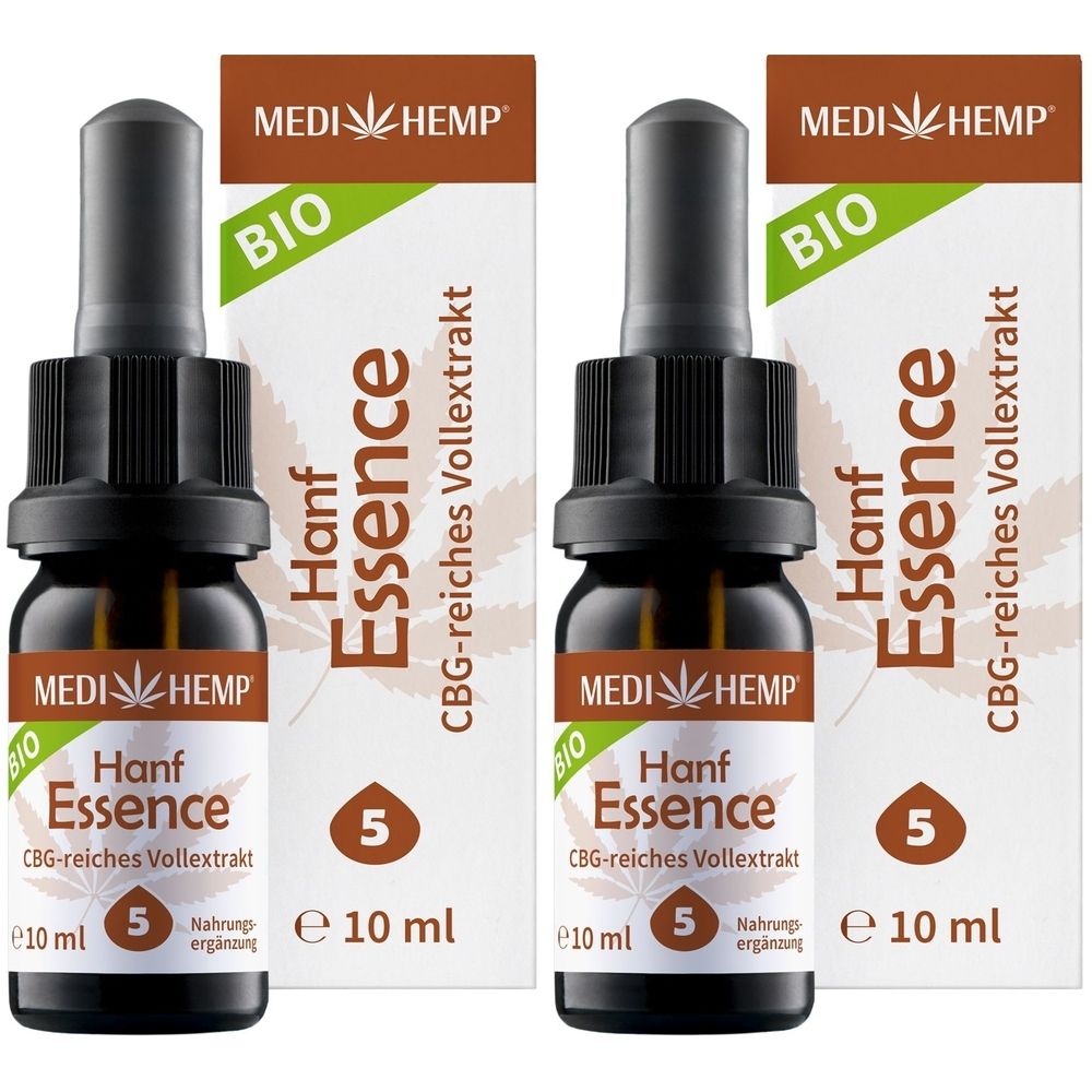 Zwei Flaschen mit braunem Glas und Pipette. Aufschrift: Hanf Essence, CBG-reiches Vollextrakt. Verpackung mit Logo und BIO-Siegel.