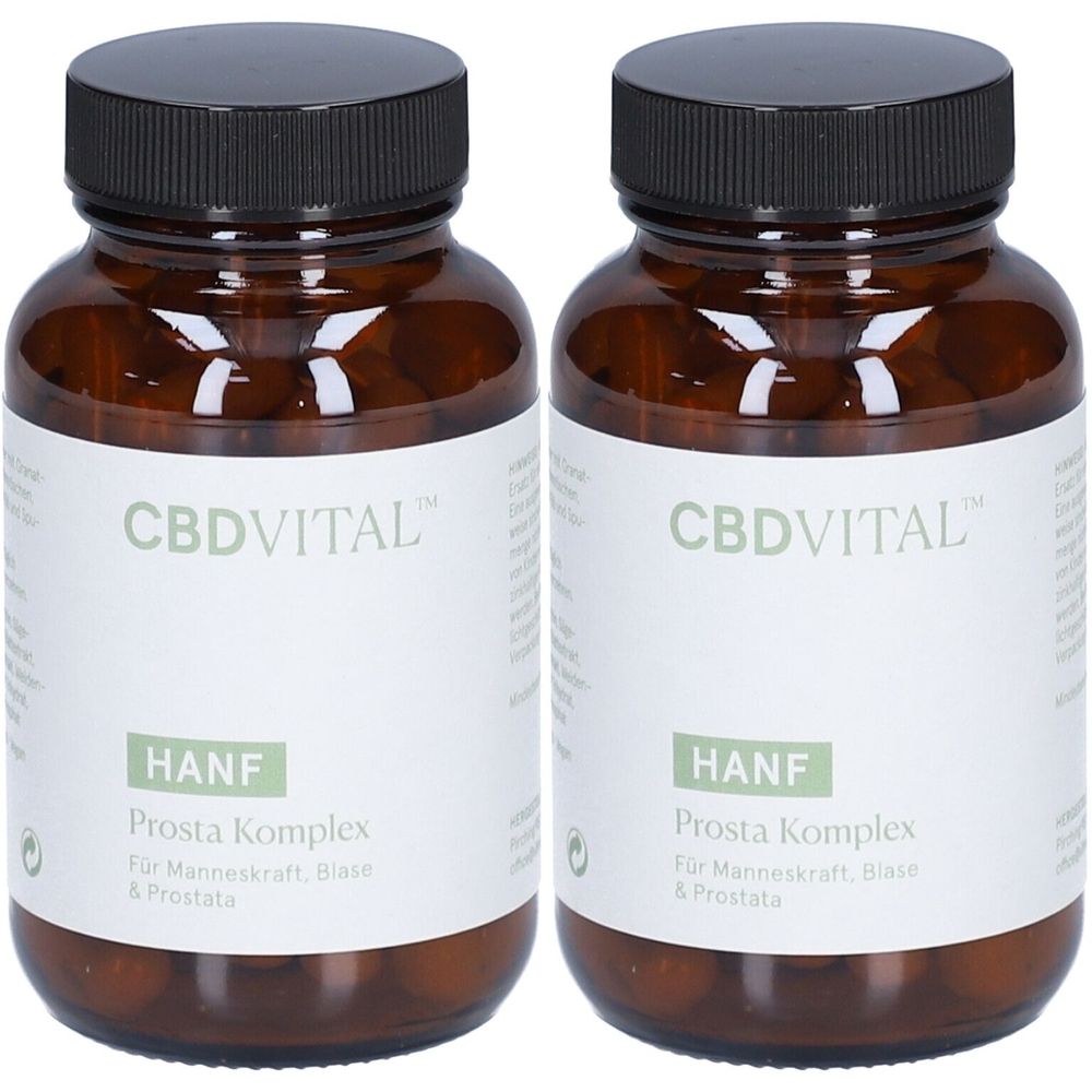 Zwei braune Glasflaschen mit schwarzen Deckeln. Auf den Etiketten steht CBDVITAL, HANF Prosta Komplex.