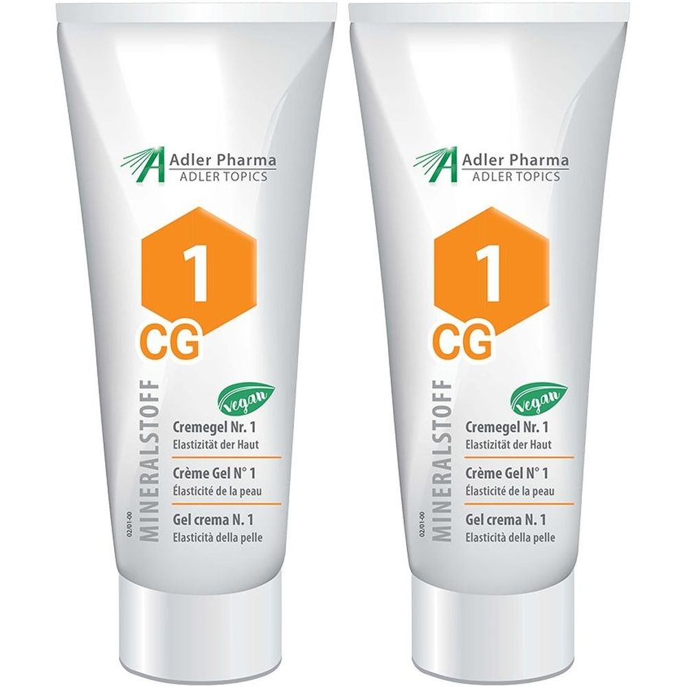 Zwei Tuben Cremegel Nr. 1. Weiß, mit orangefarbenem Sechseck und Aufschrift. Marke: Adler Pharma.