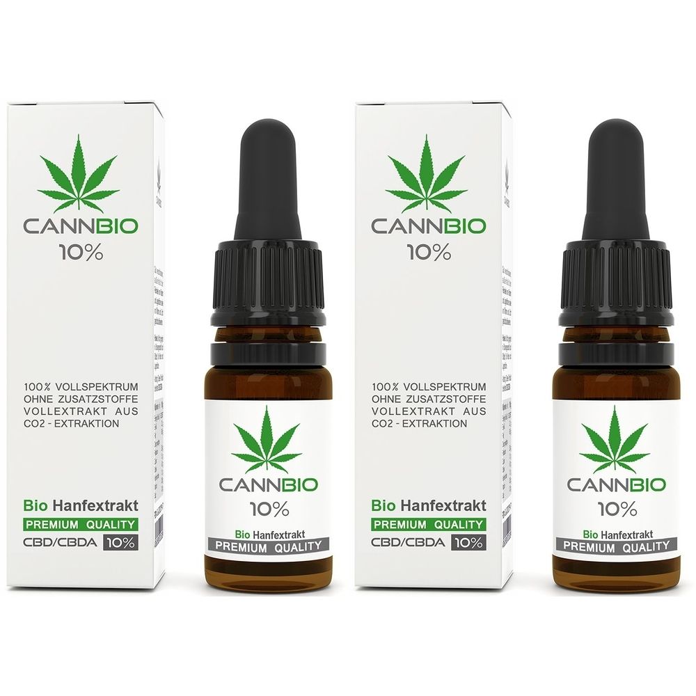 Drei Flaschen mit Tropfer und Verpackungen. Auf den Flaschen und Verpackungen steht "CANNBIO 10%" und "Bio Hanfextrakt".