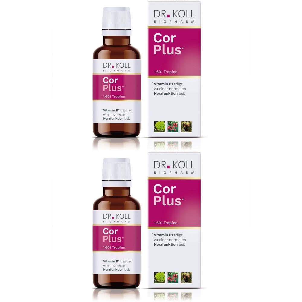 Zwei Flaschen und zwei Schachteln. Aufschrift: DR. KOLL Cor Plus. Flaschen mit braunem Glas, weißem Deckel. Schachteln in Weiß und Pink.