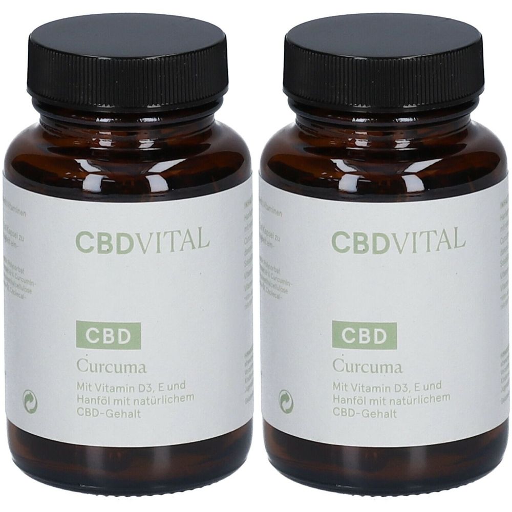 Zwei braune Glasflaschen mit schwarzen Deckeln. Auf den Etiketten steht CBDVITAL, CBD, Curcuma und weitere Informationen.