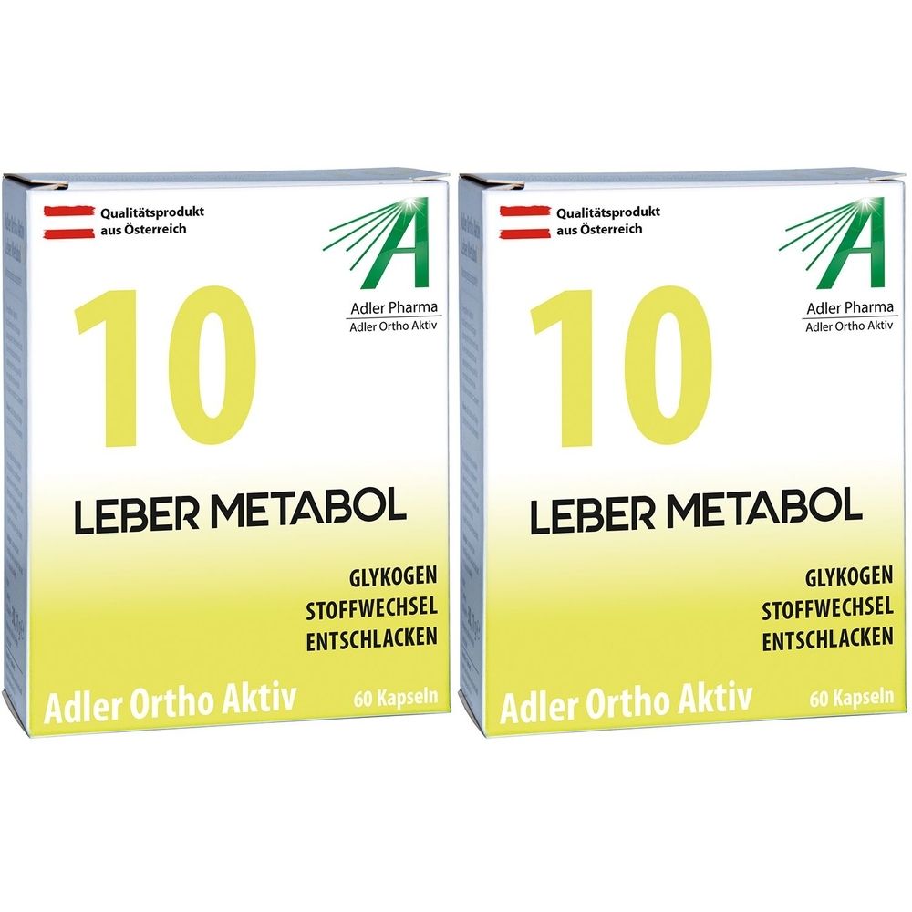 Zwei Schachteln mit gelber 10 und Aufschrift LEBER METABOL. Adler Pharma, 60 Kapseln. Qualitätsprodukt aus Österreich.
