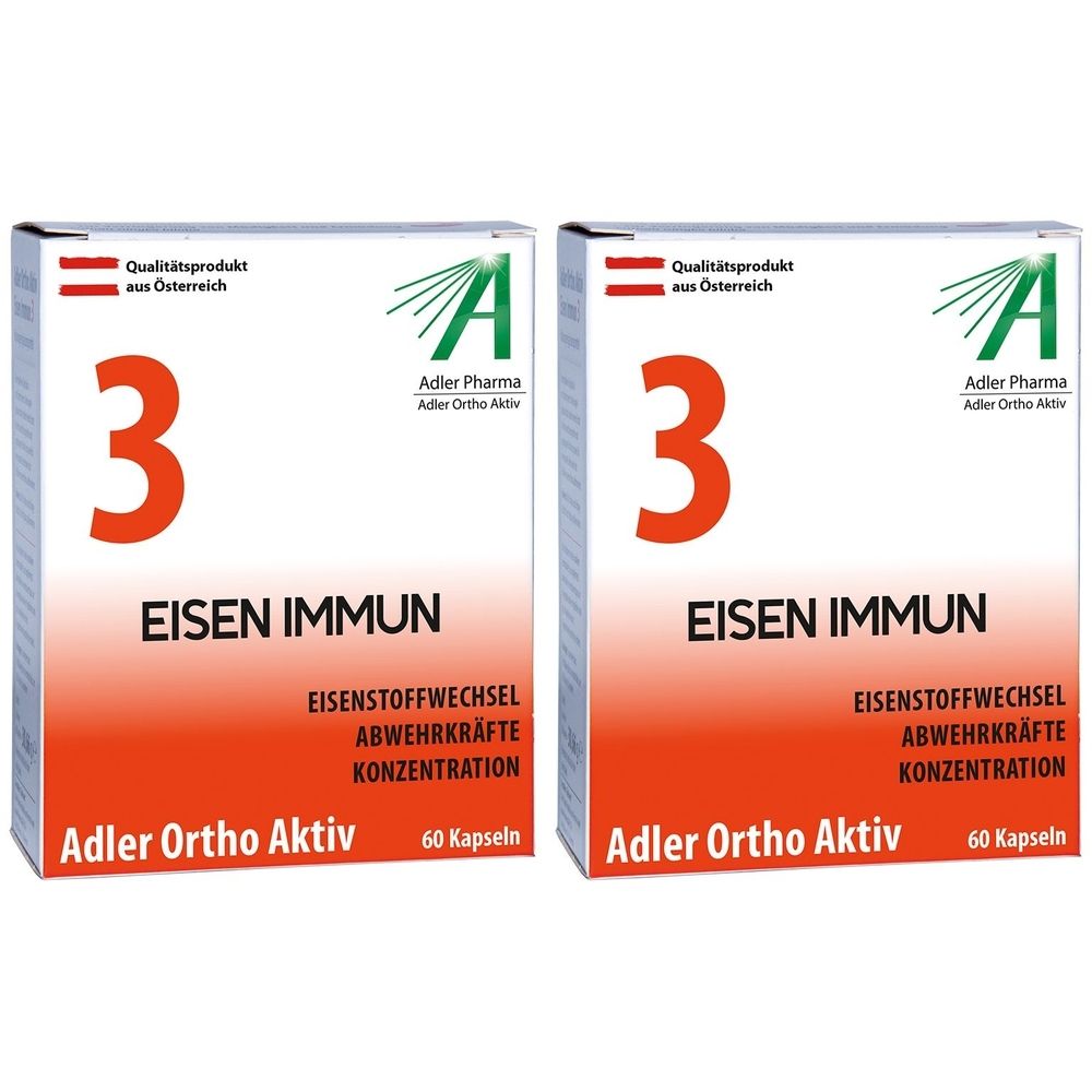 Zwei rechteckige Schachteln mit roter "3" und Schriftzug "EISEN IMMUN". Marke: Adler Pharma. Enthält 60 Kapseln.