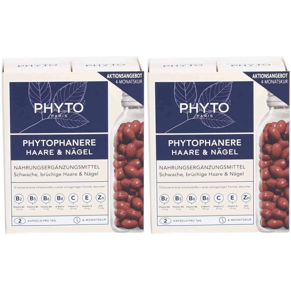 Zwei Packungen PHYTO Paris PHYTOPHANERE Duo Kapseln. Weiße Schachteln mit blauer Schrift und Abbildung von Kapseln in Glasflaschen.