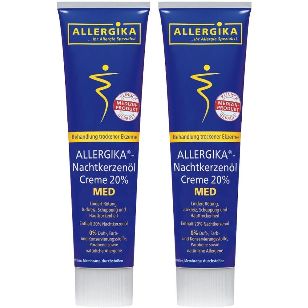Zwei blaue Tuben ALLERGIKA Nachtkerzenölcreme 20% MED. Aufschrift: Behandlung trockener Ekzeme. Enthält 20% Nachtkerzenöl.