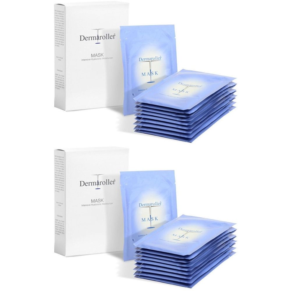 Zwei weiße Kartons und blaue Maskenpackungen. Auf den Kartons steht "Dermaroller" und "MASK". Die Masken sind gestapelt.