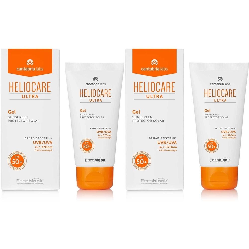 Vier Tuben und Verpackungen von HELIOCARE Ultra Gel SPF 50+. Weiße Tuben mit orangefarbenen Kappen und Verpackungen mit orangefarbenen Akzenten.