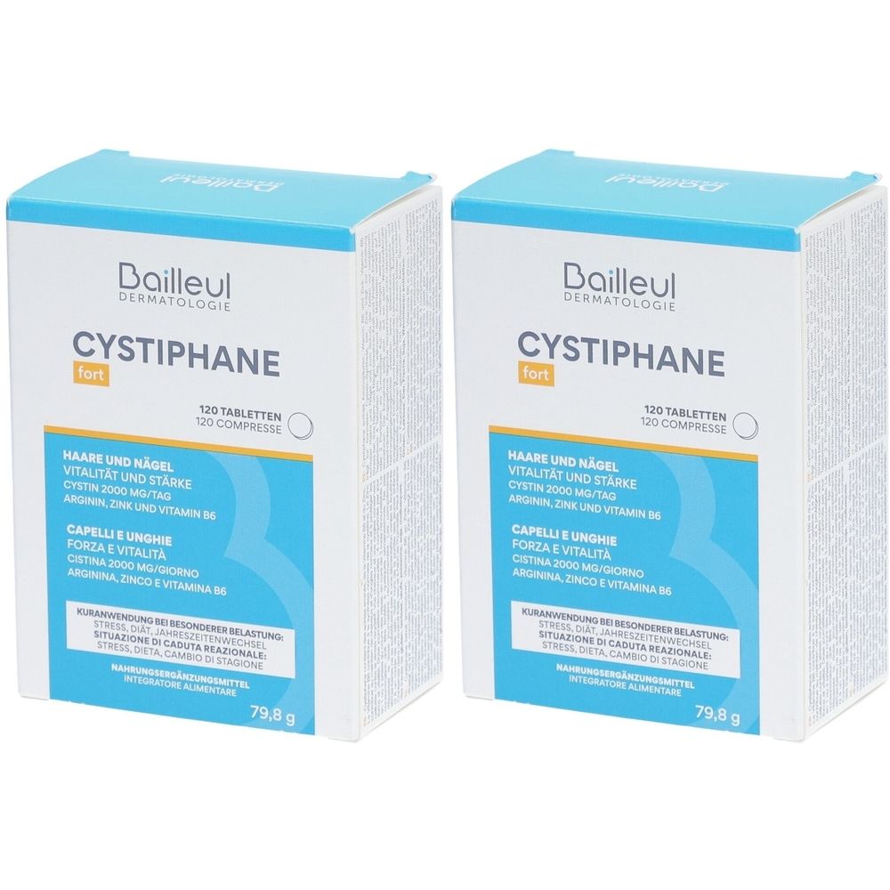 Zwei Schachteln CYSTIPHANE, mit blauer und weißer Aufmachung. Aufschrift: Haare & Nägel, 120 Tabletten. Marke: Bailleul Dermatologie.