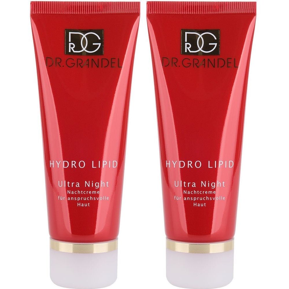 Zwei Tuben Dr. Grandel Hydro Lipid Ultra Night Creme. Rote Tuben mit weißem Deckel und goldenem Ring. Schriftzug.