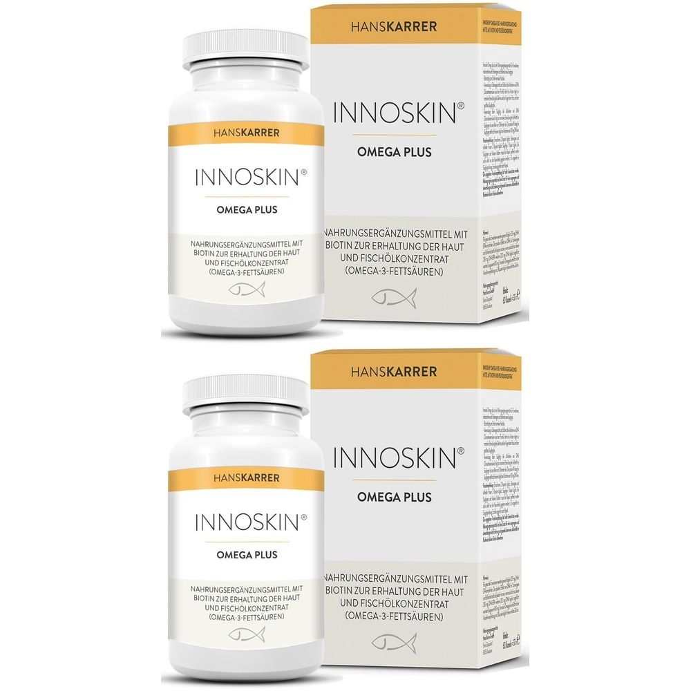 Zwei Flaschen und zwei Schachteln INNOSKIN® Omega Plus. Aufschrift: Nahrungsergänzungsmittel mit Biotin und Fischölkonzentrat.