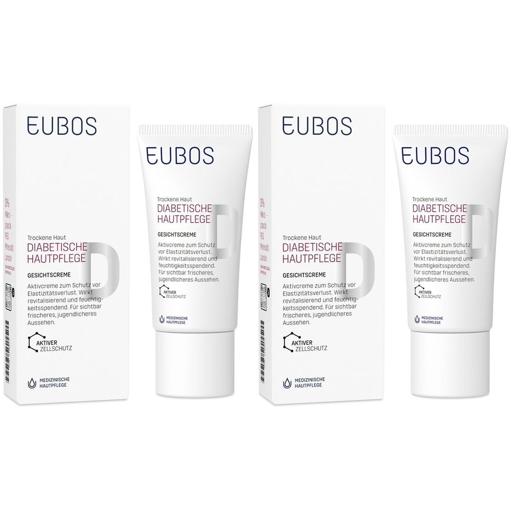 Zwei Tuben und zwei Faltschachteln. Aufschrift: EUBOS, DIABETISCHE HAUTPFLEGE GESICHTSCREME. Weißes Design.