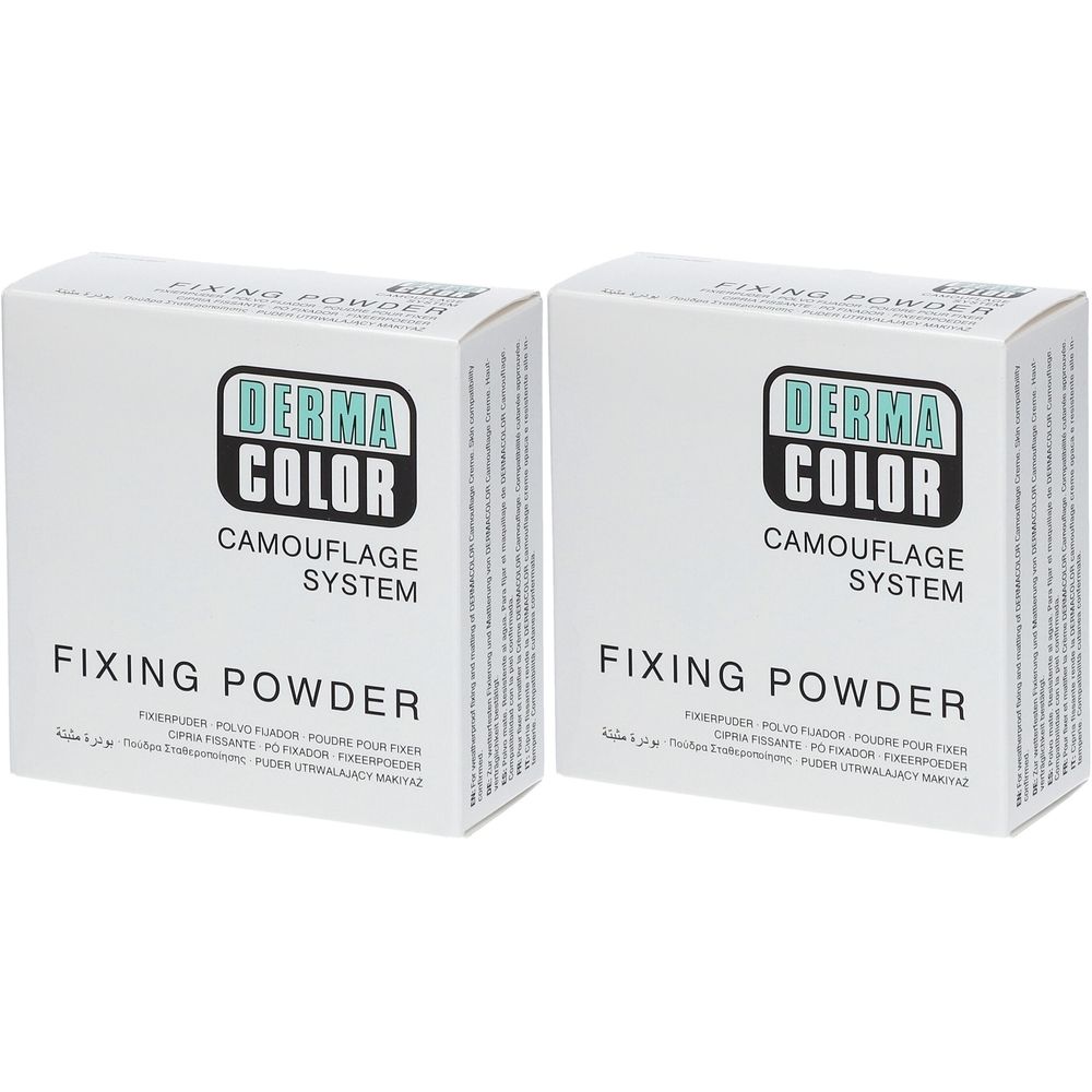 Zwei weiße Kartons mit der Aufschrift "DERMA COLOR CAMOUFLAGE SYSTEM FIXING POWDER".
