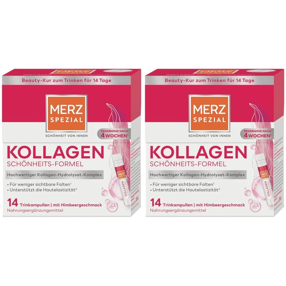 Zwei Packungen Merz Spezial Kollagen Schönheits-Formel. Rote Verpackung mit Produktnamen und Logo. Enthält 14 Trinkampullen.