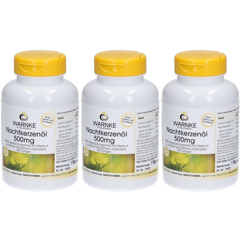 Drei weiße Flaschen mit gelben Deckeln. Aufschrift: Nachtkerzenöl 500mg. Marke: WARNKE Vitalstoffe. Etikett mit Produktinformationen.