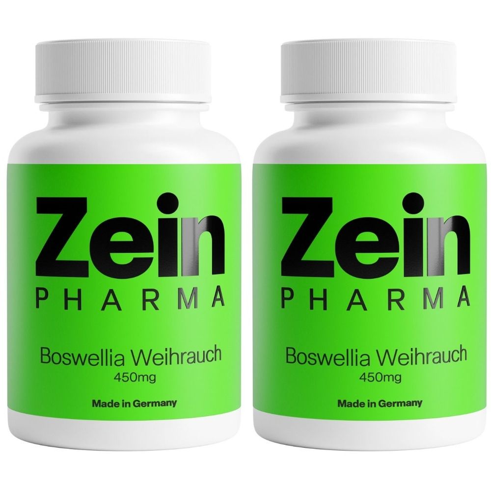 Zwei weiße Flaschen mit grünem Etikett. Aufschrift: Zein Pharma, Boswellia Weihrauch 450mg. Hergestellt in Deutschland.