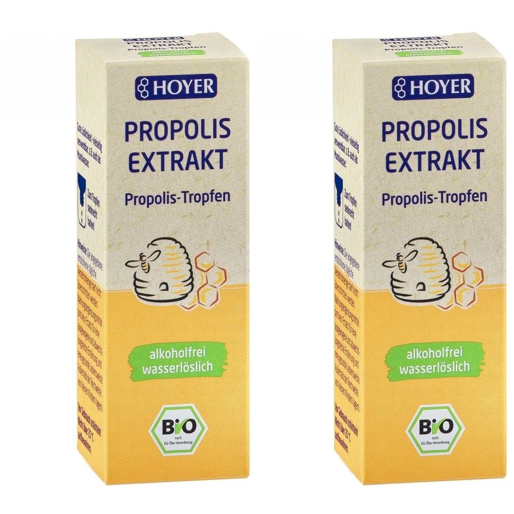 Zwei rechteckige Verpackungen. Aufschrift: HOYER PROPOLIS EXTRAKT, Propolis-Tropfen, alkoholfrei, wasserlöslich. Bio-Siegel.