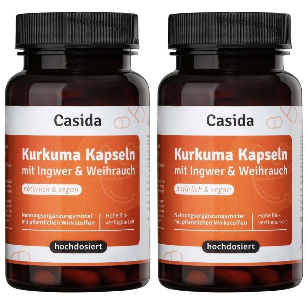 Zwei Flaschen Casida Kurkuma Kapseln. Aufschrift: Kurkuma Kapseln mit Ingwer & Weihrauch, natürlich & vegan, hochdosiert. Braune Flaschen mit schwarzen Deckeln.