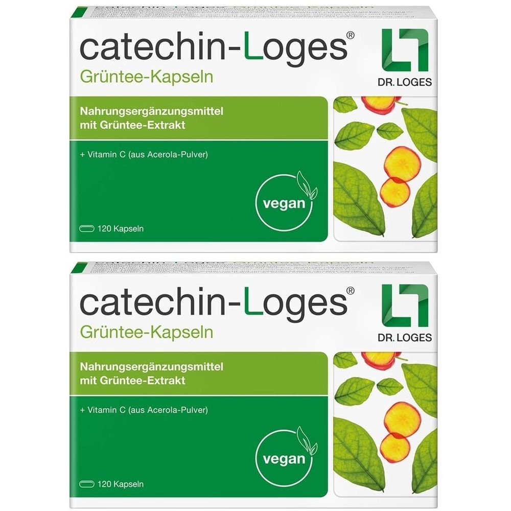 Zwei Schachteln catechin-Loges Grüntee-Kapseln. Weiße Verpackung mit grünen Akzenten und Text. Vegan-Siegel. Aufschrift: 120 Kapseln.