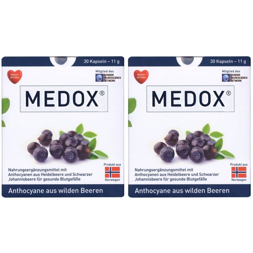 Zwei Packungen MEDOX®. Auf jeder Packung: Produktname, Abbildung von Blaubeeren, Text über Inhaltsstoffe und Herkunft Norwegen.