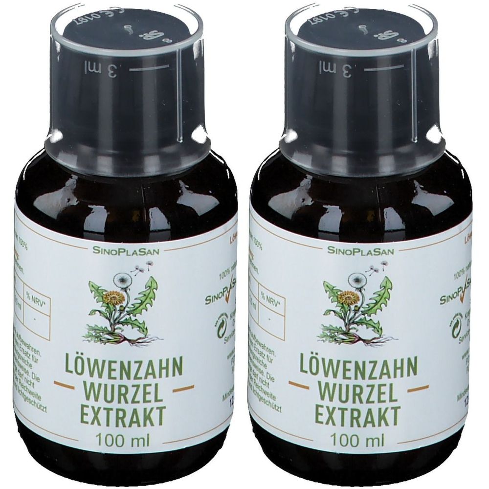 Zwei Flaschen mit brauner Flüssigkeit. Auf den Etiketten steht "Löwenzahn Wurzel Extrakt". Die Flaschen haben schwarze Kappen mit Messbechern.