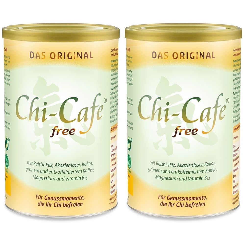 Zwei Dosen Chi-Cafe free. Aufschrift: „Das Original“. Text: Reishi-Pilz, Akazienfaser, Kokos, grüner Kaffee, Magnesium, Vitamin B12. Für Genussmomente.