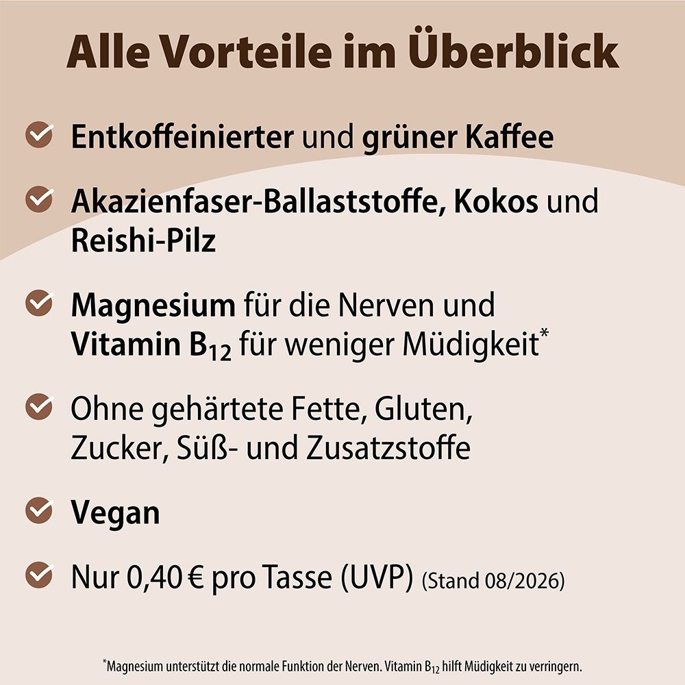 Übersicht der Vorteile: Entkoffeinierter grüner Kaffee, Akazienfaser, Kokos, Reishi-Pilz, Magnesium, Vitamin B12. Ohne gehärtete Fette, Gluten, Zucker, Süß- und Zusatzstoffe. Vegan.