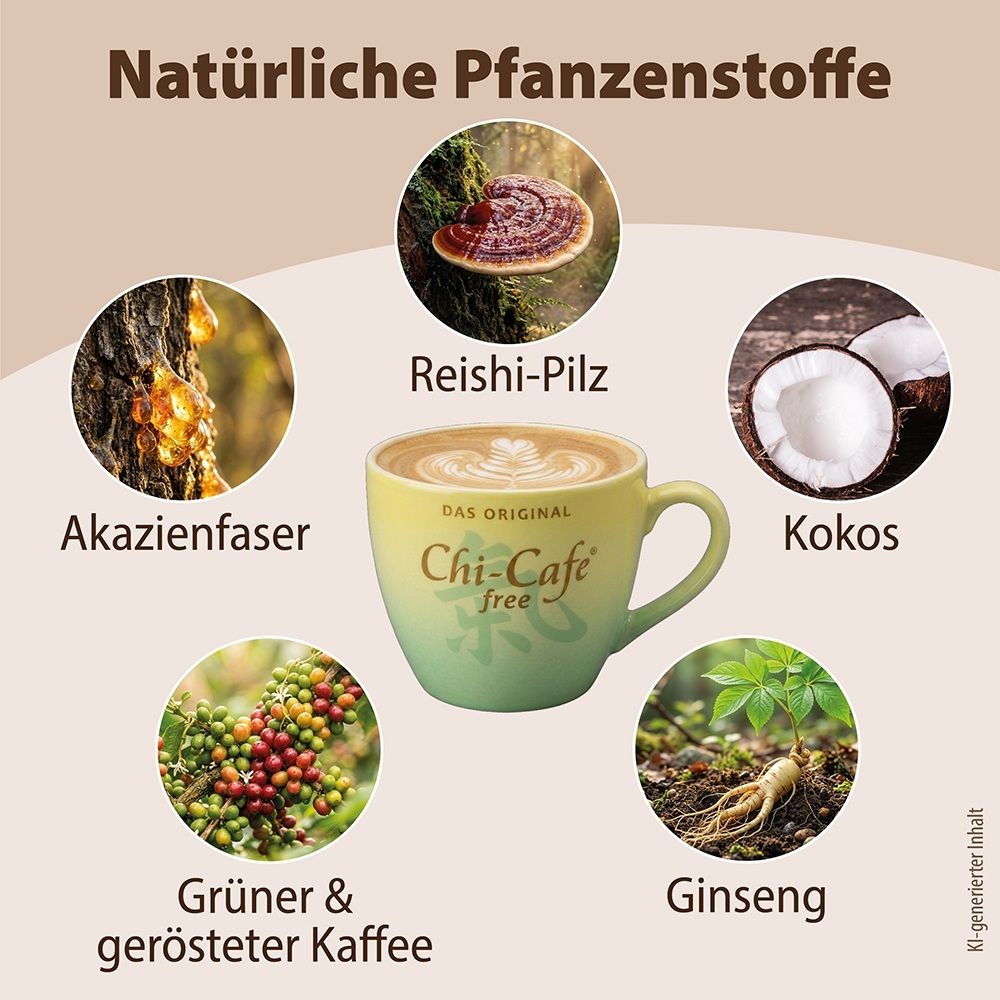 Eine Tasse Chi-Cafe mit fünf Kreisen, die natürliche Inhaltsstoffe zeigen: Akazienfaser, Reishi-Pilz, Kokos, Ginseng und grüner & gerösteter Kaffee.