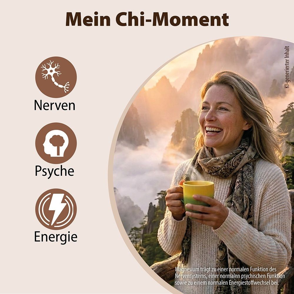 Frau mit Tasse in Berglandschaft, Symbole für Nerven, Psyche, Energie.