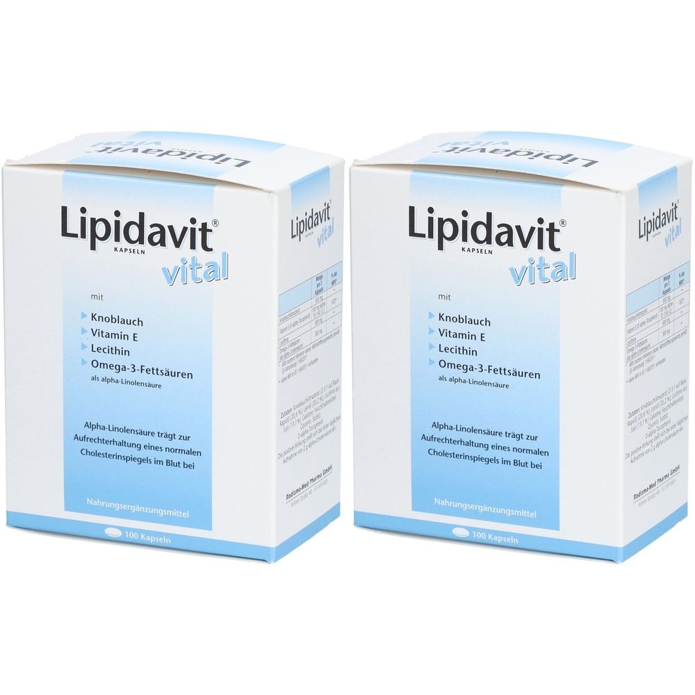 Zwei weiße Kartons mit der Aufschrift "Lipidavit vital". Auf der Verpackung sind Inhaltsstoffe wie Knoblauch und Omega-3-Fettsäuren angegeben.