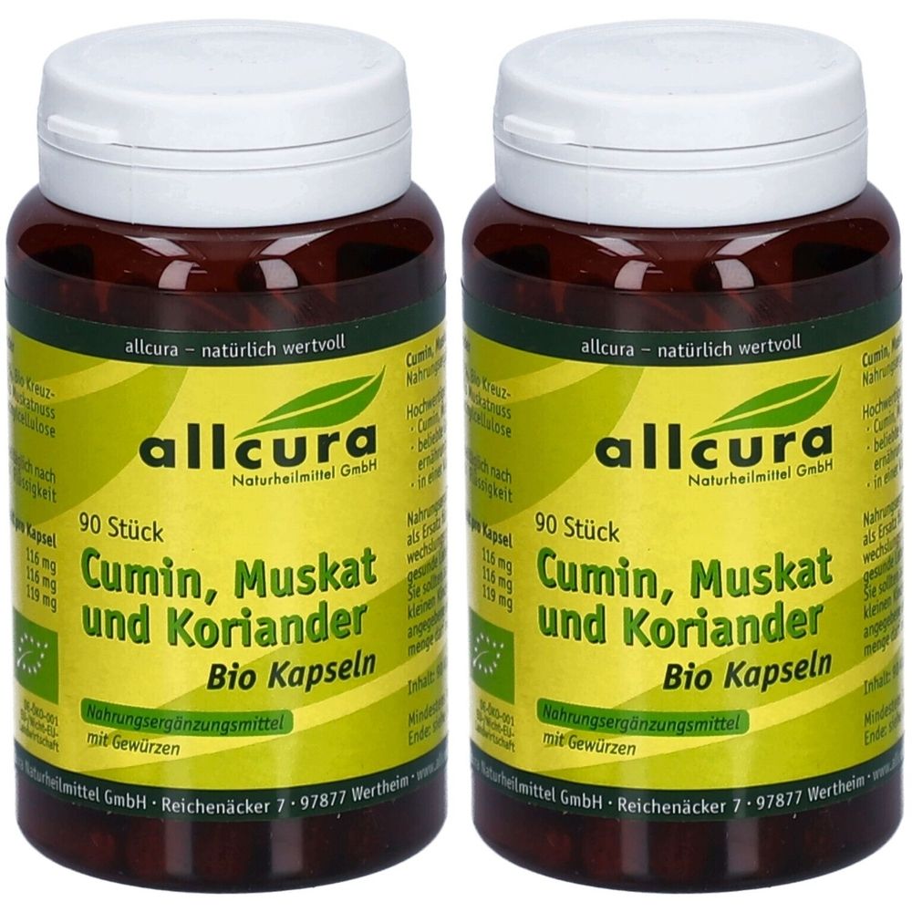 Zwei braune Flaschen mit weißen Deckeln. Auf den Etiketten steht "allcura Cumin, Muskat und Koriander Bio Kapseln".