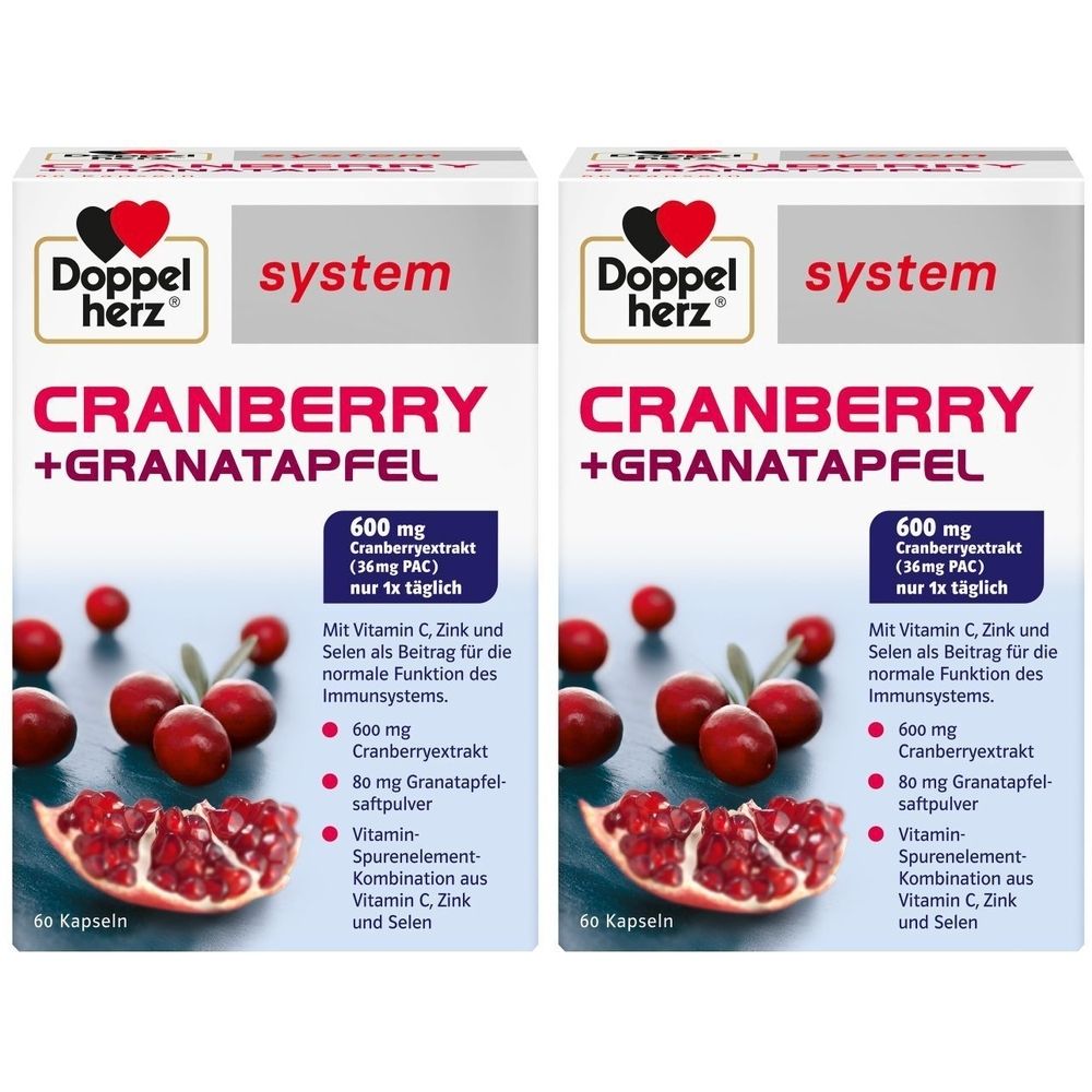 Zwei Packungen mit Produktaufdruck. Aufschrift: CRANBERRY + GRANATAPFEL. Enthält Cranberryextrakt, Granatapfelsaftpulver und Vitamine.