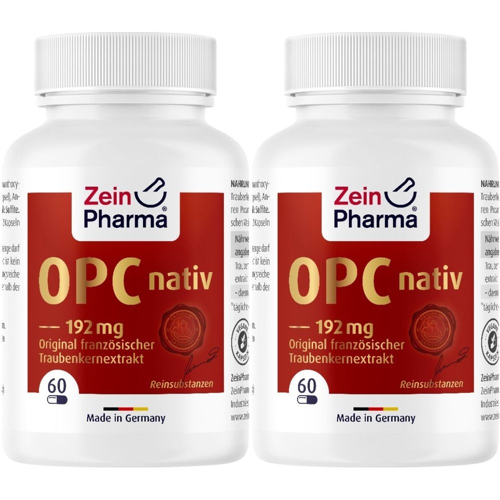 Zwei weiße Flaschen mit rotem Etikett. Aufschrift: Zein Pharma OPC nativ 192 mg. 60 Kapseln. Hergestellt in Deutschland.