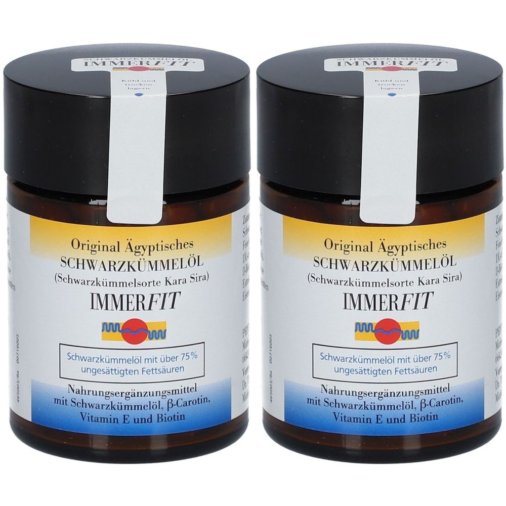 Zwei braune Gläser mit schwarzem Deckel. Auf den Etiketten steht: Original Ägyptisches Schwarzkümmelöl Immerfit. Mit weißem Siegel.