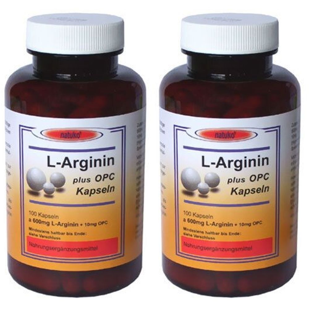 Zwei braune Flaschen mit weißen Deckeln. Auf den Etiketten steht "L-Arginin plus OPC Kapseln". Das Produkt enthält 100 Kapseln.