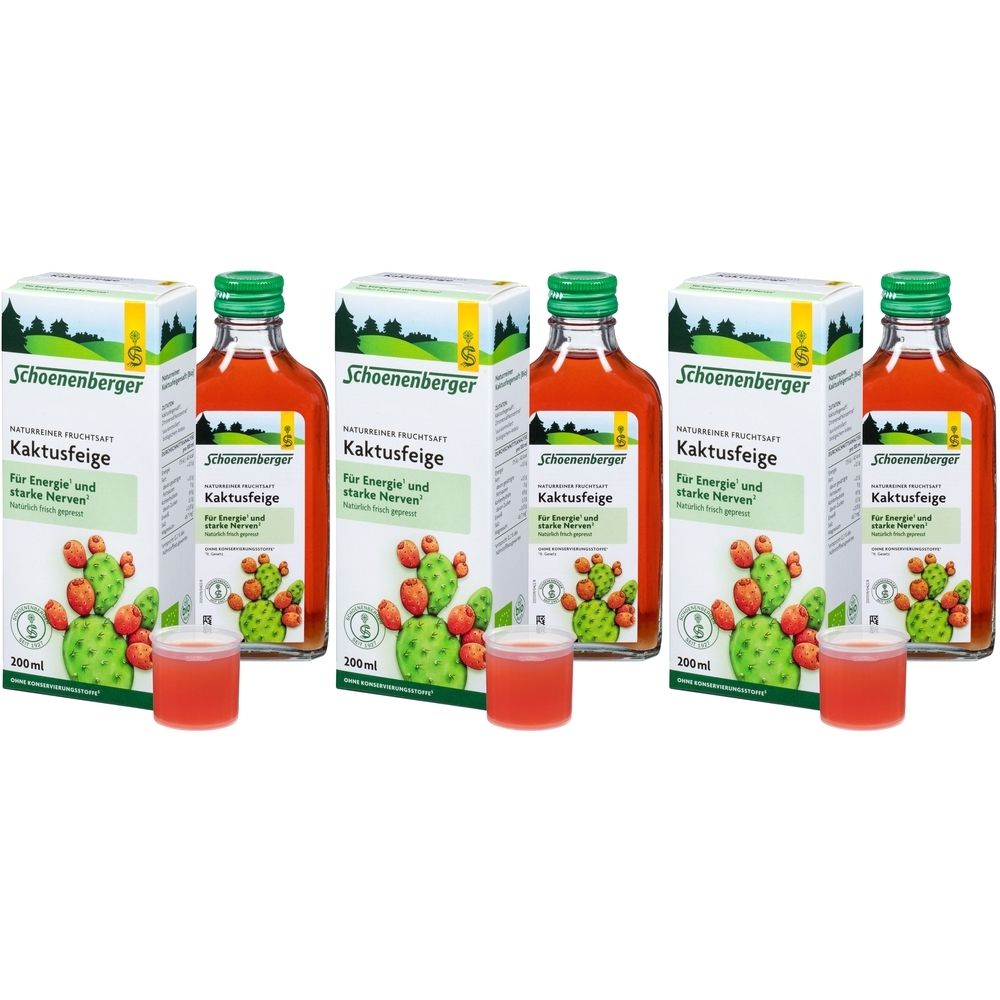 Mehrere Flaschen und Kartons mit Kaktusfeigen-Saft. Aufschrift: Schoenenberger, Kaktusfeige. Mit Messbechern.