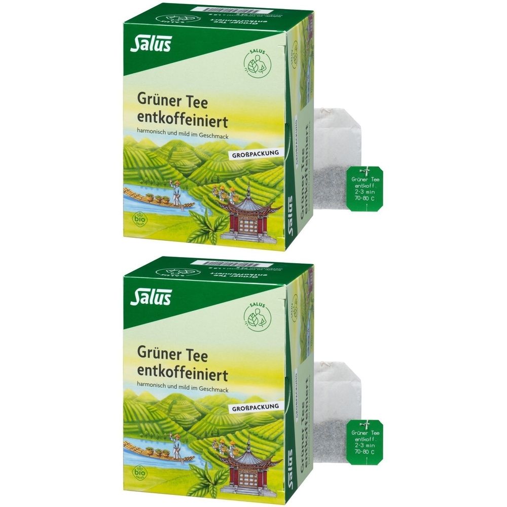 Zwei Kartons Salus® Grüner Tee entkoffeiniert. Grün-weiße Verpackung mit Landschaftsmotiv und Teebeutel daneben.