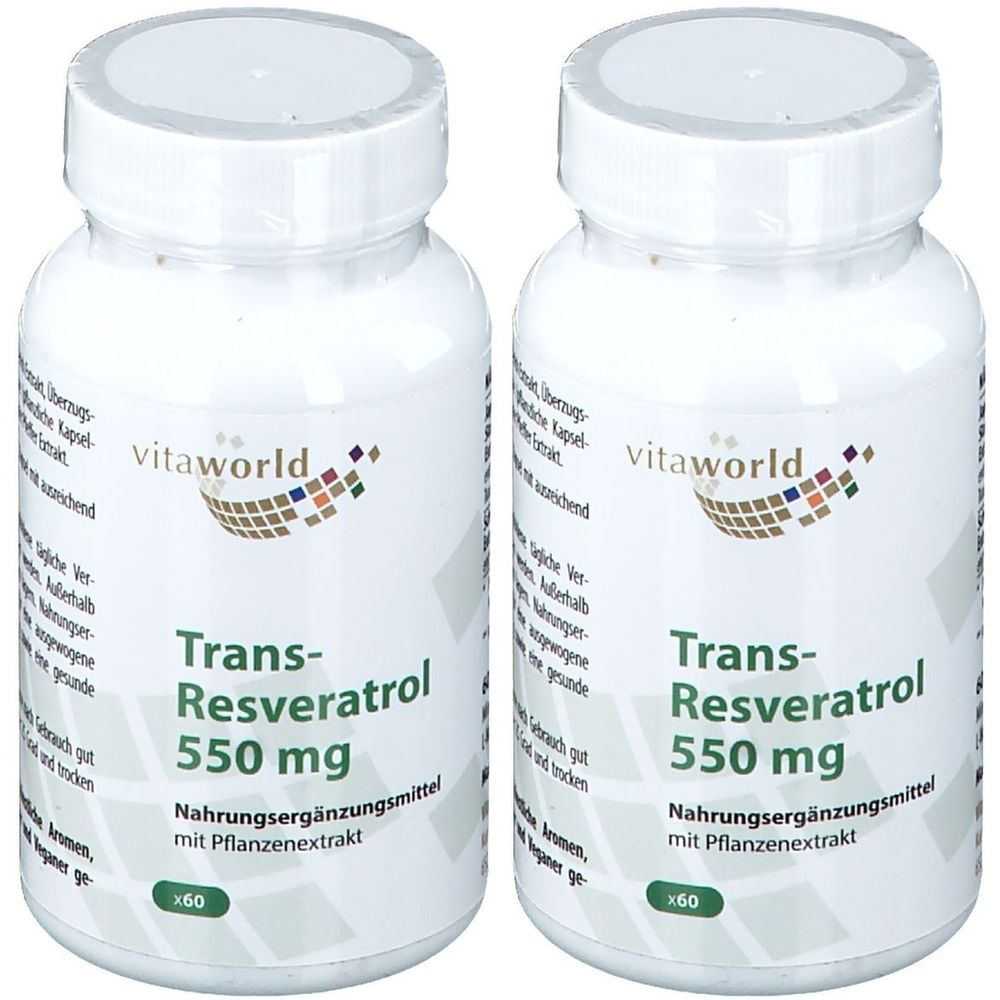 Zwei weiße Flaschen mit Schraubverschluss. Aufschrift: Trans-Resveratrol 550 mg, Nahrungsergänzungsmittel. Marke: vitaworld. Enthält 60 Kapseln.